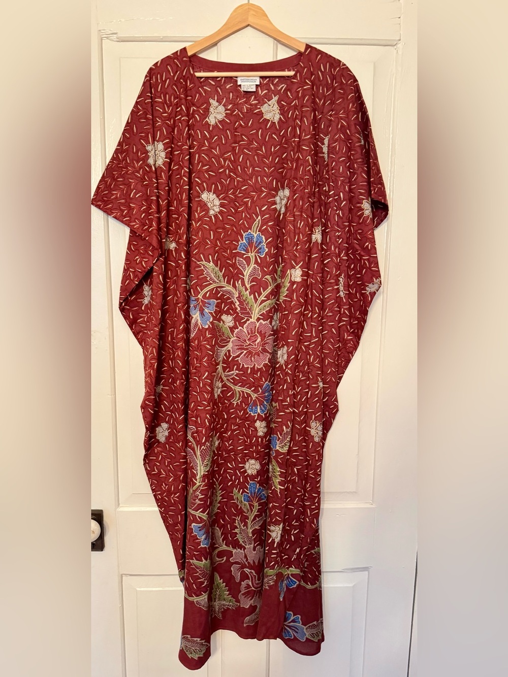 Gorgeous Maroon Block Printed Kaftan from Indonesia with blue floral print